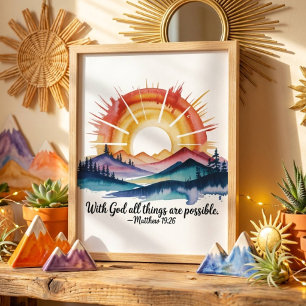 Watercolor Mountain Sunrise Bible Verse Poster