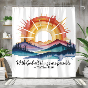 Watercolor Mountain Sunrise Bible Verse Shower Curtain