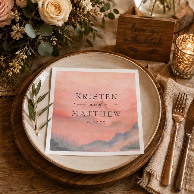 Watercolor Mountain Sunset Rustic Wedding Napkin (Personalize your cocktail hour or reception bar with these beautiful watercolor mountain napkins)