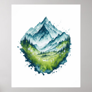 Watercolor Mountain Valley Landscape Poster