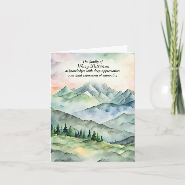 Watercolor Mountain Valley Sympathy Thank You Card (Front)