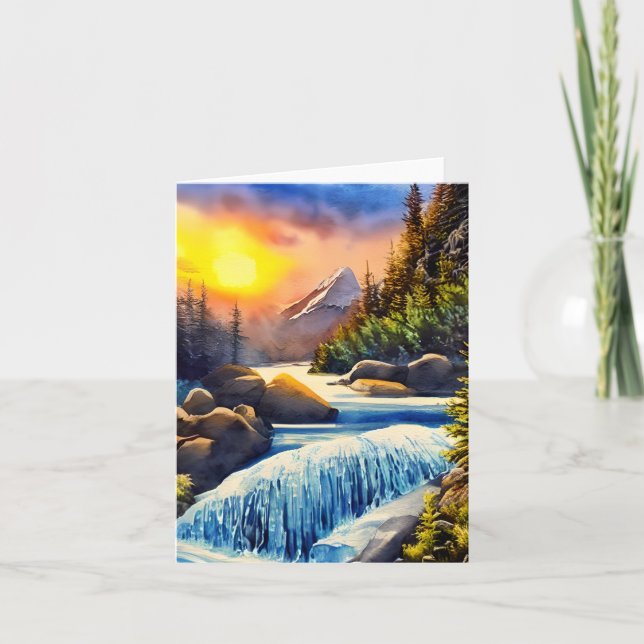 Watercolor mountain waterfall customisable card (Front)