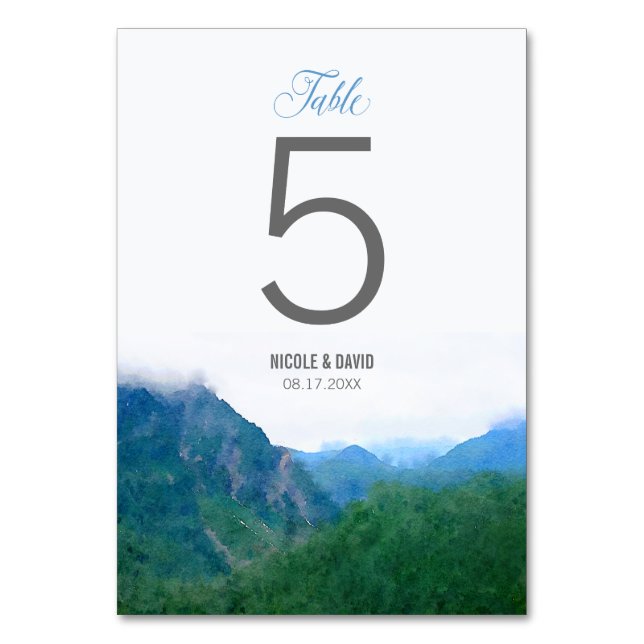 Watercolor Mountain Wedding Table Number (Front)