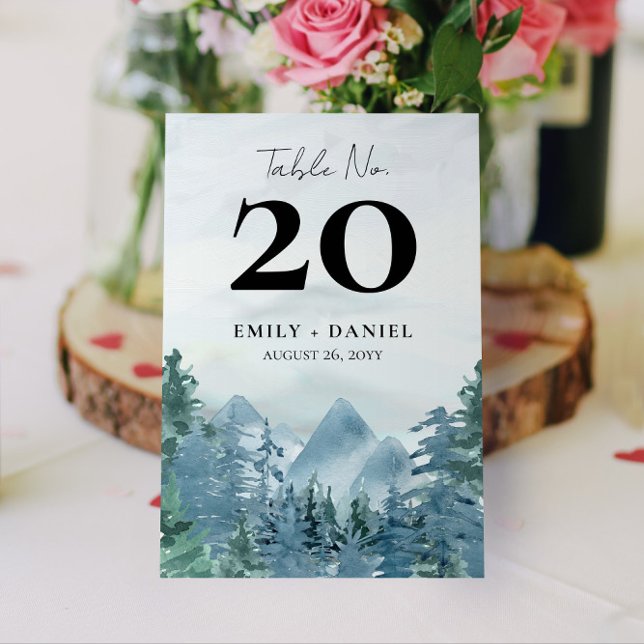 Watercolor Mountain Wedding Table Number 5x7 (Rustic Mountain Event or Wedding Table Number | Choose your size and corner style)