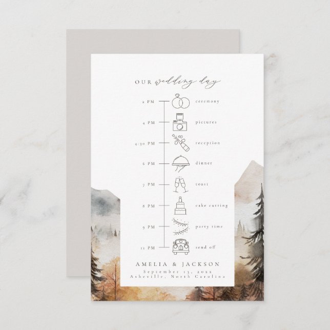 Watercolor Mountain Wedding Timeline with Icons Enclosure Card (Front/Back)