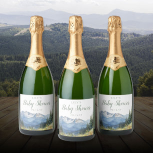 Watercolor Mountain Wildflower Baby Shower Sparkling Wine Label