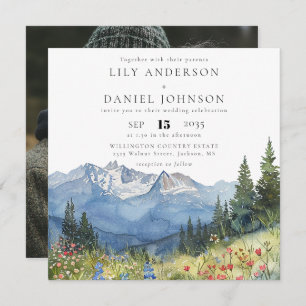 Watercolor Mountain Wildflower Photo Wedding Invitation