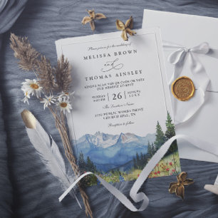 Watercolor Mountain Wildflower QR Code Wedding Invitation