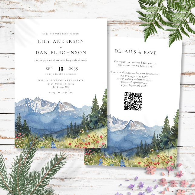 Watercolor Mountain Wildflower QR Code Wedding Invitation (Watercolor Mountain Wildflower QR Code Wedding Invitation)