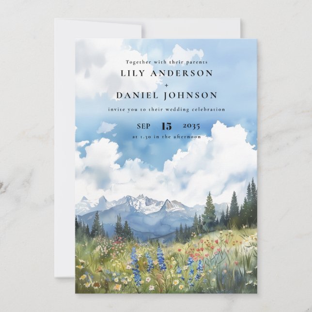 Watercolor Mountain Wildflower QR Code Wedding Invitation (Front)