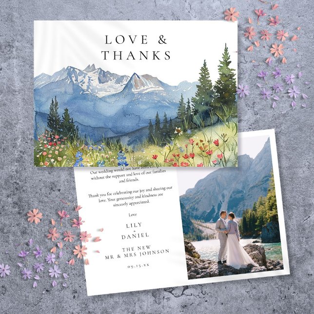 Watercolor Mountain Wildflower Wedding Photo Thank You Card (Watercolor Mountain Wildflower Wedding Photo Thank You Card)