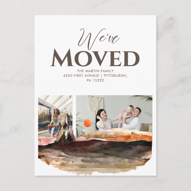 Watercolor Mountains 2 Photos Moving Announcement Postcard (Front)
