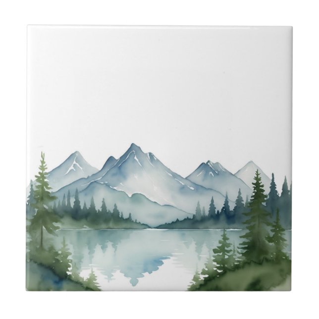 Watercolor Mountains and Green Pine Trees Nature Tile (Front)