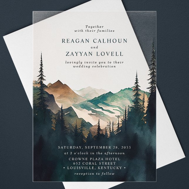 Watercolor Mountains And Pine Forest Wedding Acrylic Invitations (Creator Uploaded)