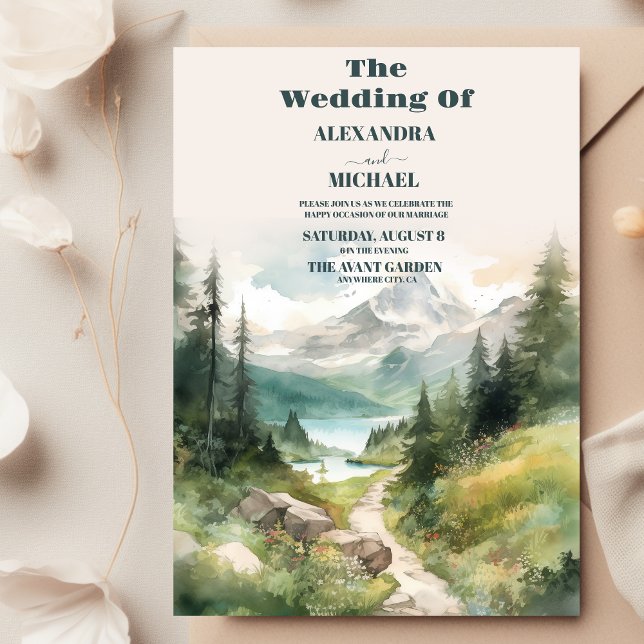 Watercolor Mountains And Pine Forest Wedding Invitation (Creator Uploaded)