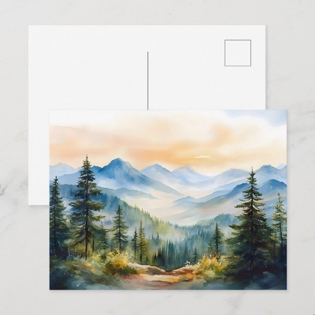 Watercolor Mountains and Pine Trees Postcard (Front/Back)