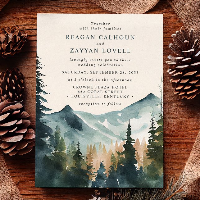 Watercolor Mountains And Pines Rustic Wedding Invitation (Creator Uploaded)