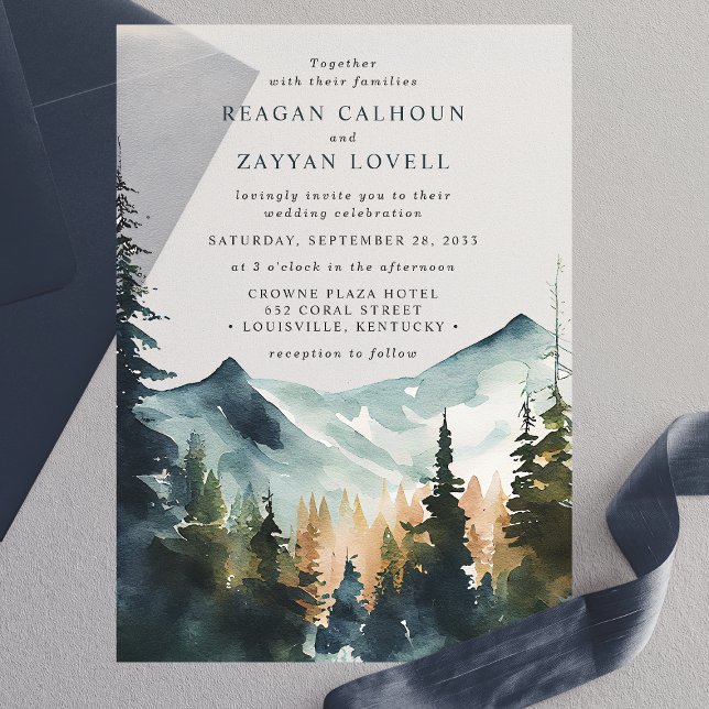 Watercolor Mountains And Pines Rustic Wedding Vellum Invitations (Creator Uploaded)