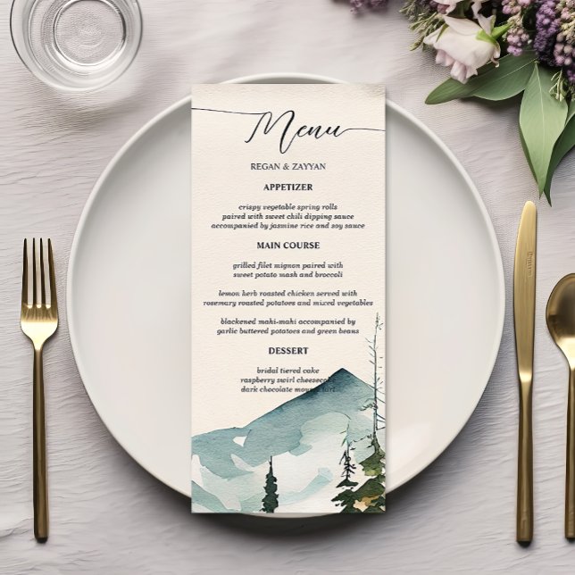 Watercolor Mountains And Pines Wedding Menu (Creator Uploaded)