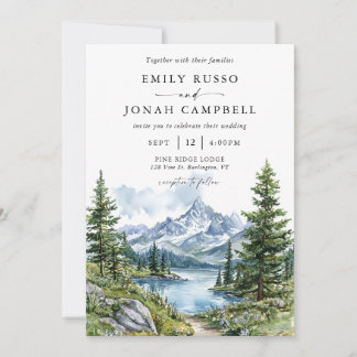 Watercolor Mountains and Trees Outdoor Wedding Invitation