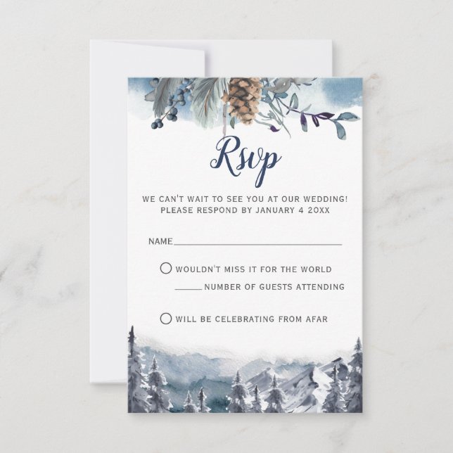 Watercolor Mountains, Blue Floral RSVP Card (Front)