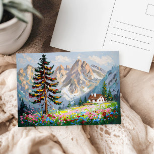 Watercolor Mountains Cabin Wildflowers Landscape Postcard