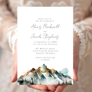 Watercolor Mountains Evergreen Forest Wedding Invitation
