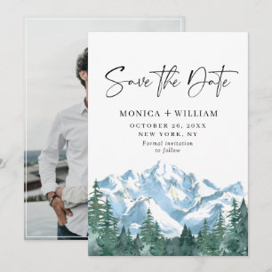 Watercolor Mountains Forest Wedding Photo Save The Date