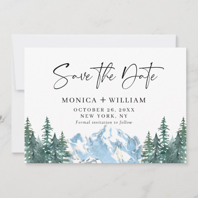 Watercolor Mountains Forest Wedding Save The Date (Front)