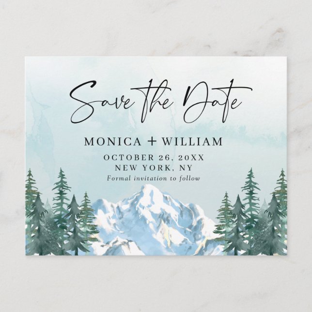 Watercolor Mountains Forest Wedding Save the Date  Postcard (Front)