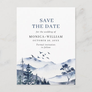 Watercolor Mountains Forest Wedding Save the Date Postcard