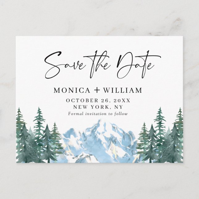 Watercolor Mountains Forest Wedding Save the Date  Postcard (Front)