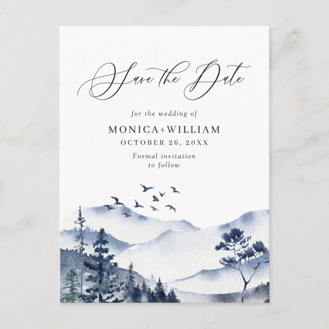 Watercolor Mountains Forest Wedding Save the Date  Postcard (Front)