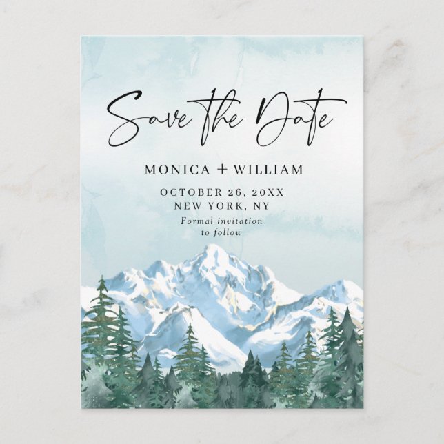Watercolor Mountains Forest Wedding Save the Date  Postcard (Front)