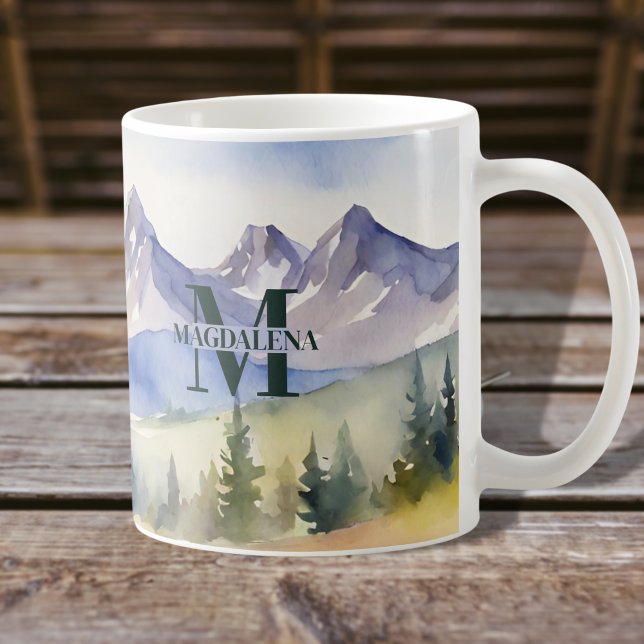 Watercolor Mountains Landscape Monogram Name Coffee Mug (Creator Uploaded)