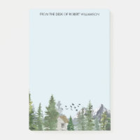 Watercolor Mountains Nature Fir Trees Forest Cabin