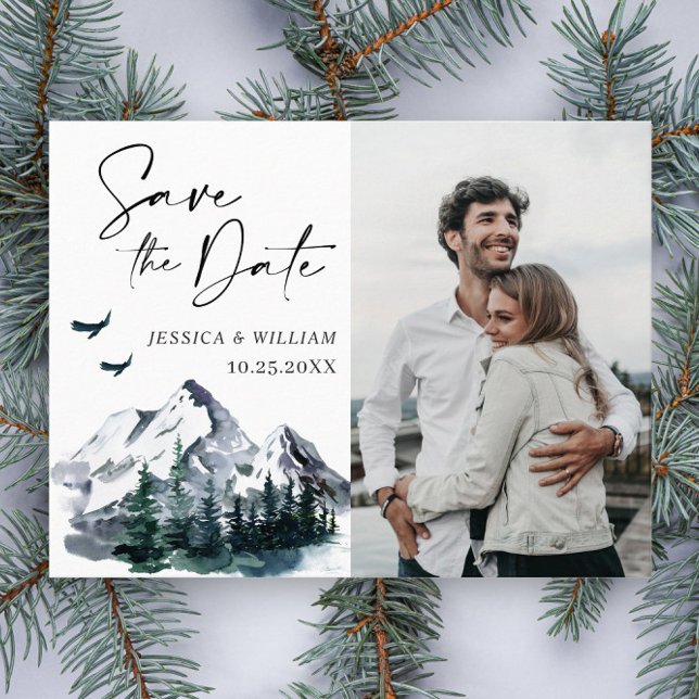 Watercolor Mountains PHOTO Wedding Save the Date  Postcard (Creator Uploaded)