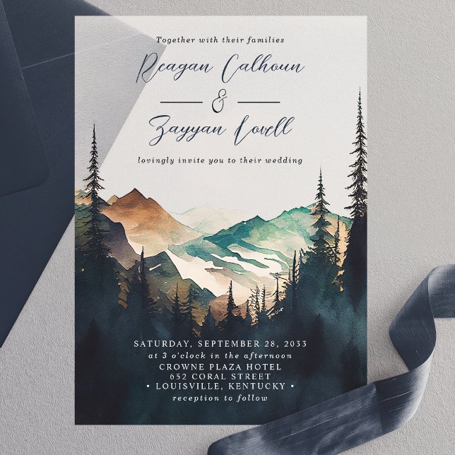 Watercolor Mountains Pine Forest Script Wedding Vellum Invitations (Creator Uploaded)
