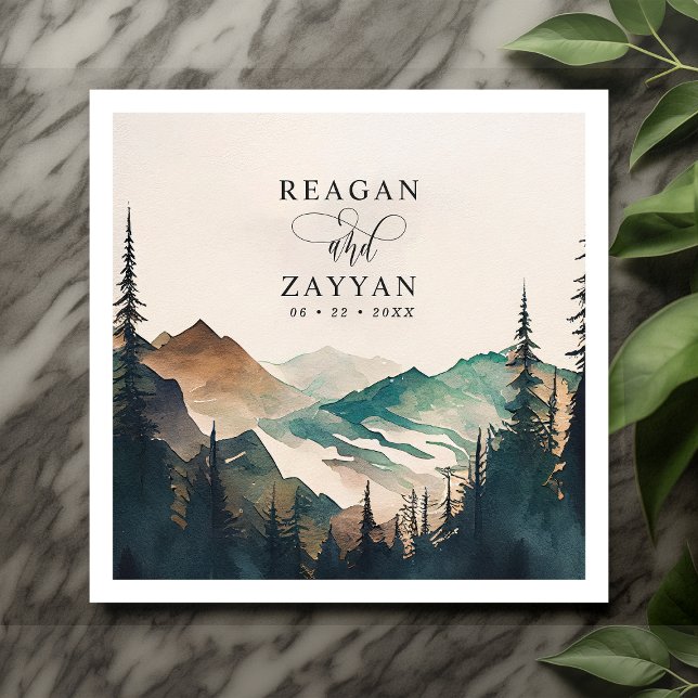 Watercolor Mountains Pine Forest Wedding Napkin (Creator Uploaded)