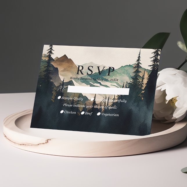 Watercolor Mountains Pine Forest Wedding RSVP Card (Creator Uploaded)