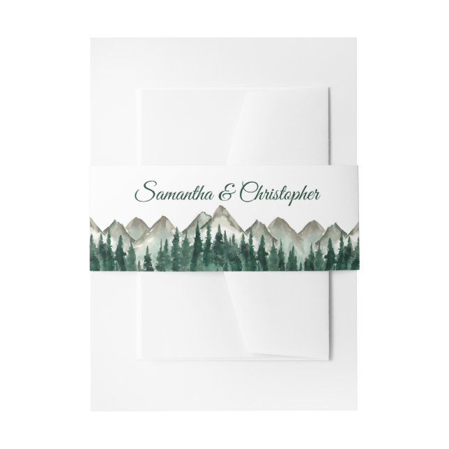 Watercolor Mountains & Pine Trees Rustic Wedding Invitation Belly Band (Front Example)