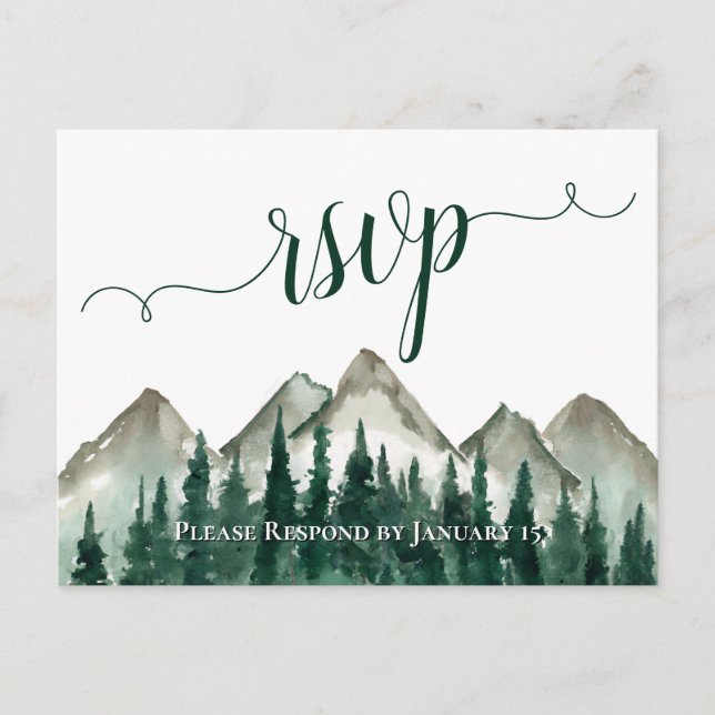 Watercolor Mountains & Pines Wedding RSVP Postcard (Front)
