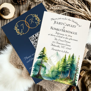 Watercolor Mountains, QR Code & Monogram - Blue Invitation