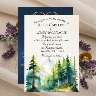 Watercolor Mountains, QR Code & Monogram - Blue Invitation