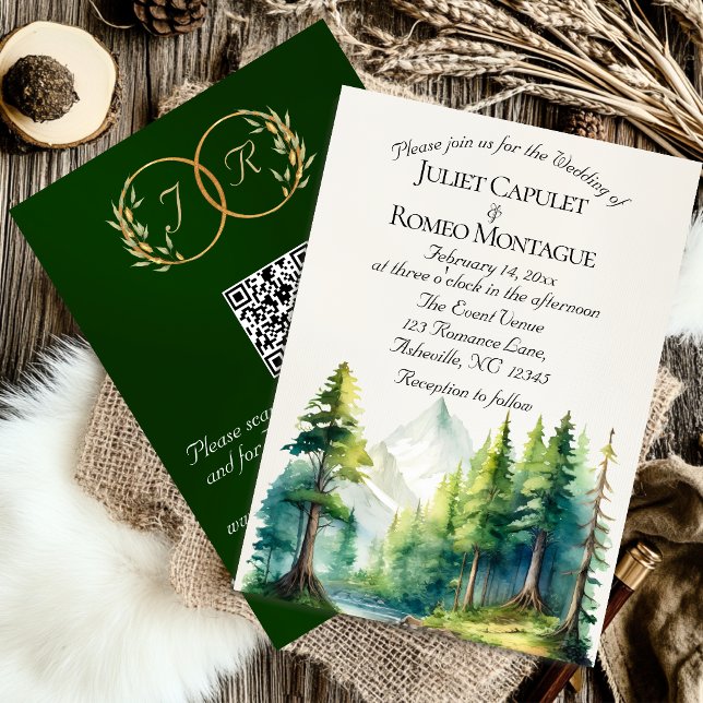 Watercolor Mountains, QR Code & Monogram - Emerald Invitation (Creator Uploaded)
