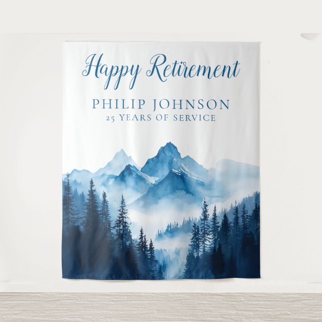 Watercolor Mountains Retirement Party Backdrop Tapestry (Front)