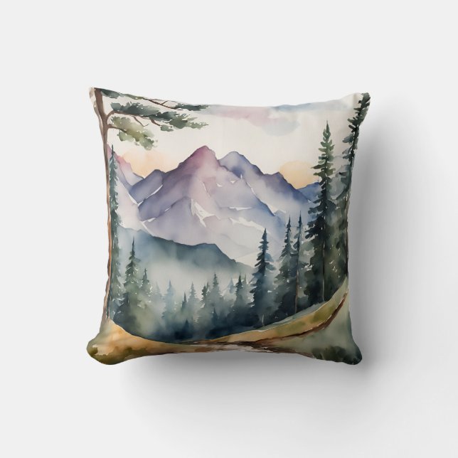 Watercolor Mountains Trees Nature Cushion (Front)