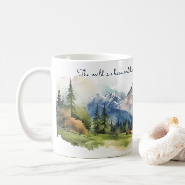 Watercolor Mountains Valley Landscape with Quotes Coffee Mug (With Donut)