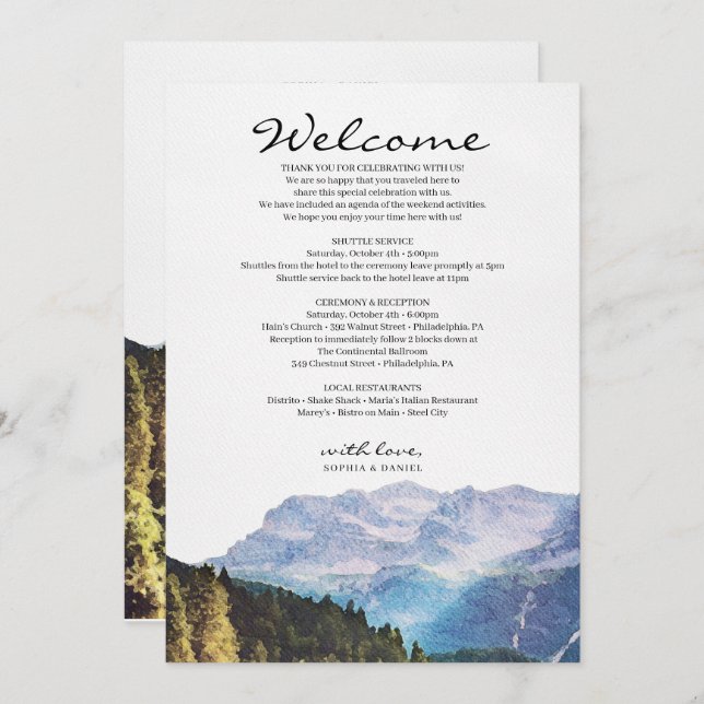 Watercolor Mountains Wedding Welcome Itinerary Programme (Front/Back)