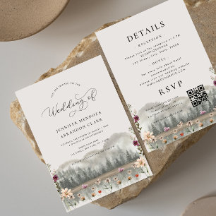 Watercolor Mountains Wildflowers Boho Fall Wedding Invitation